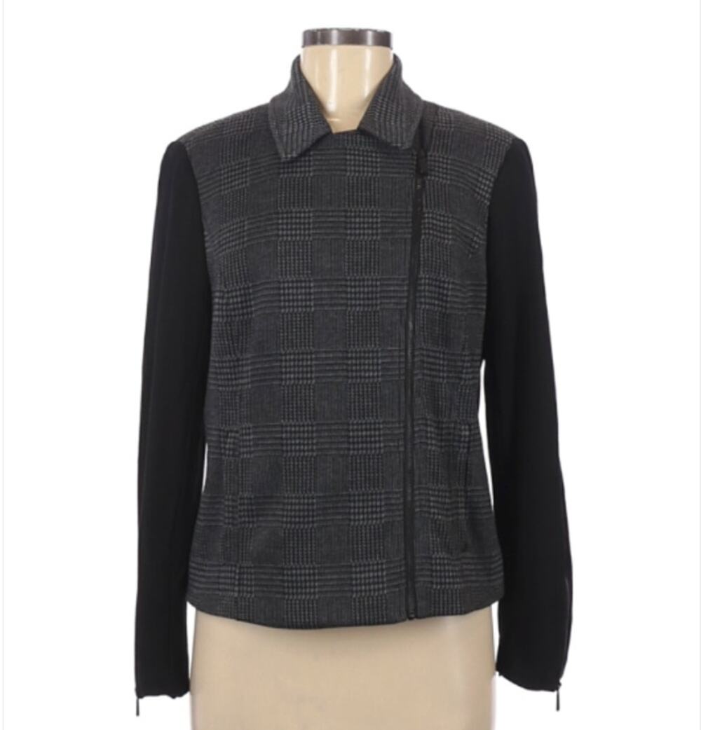 VINCE CAMUTO Women Jacket Houndstooth Asymmetrical Zip Stretch Size M Black Moto